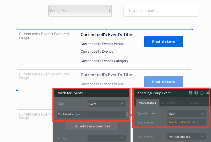 Displaying a list of events on the home page of a no-code Ticketmaster app