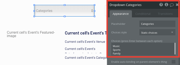 Configuring a no-code repeating group to display a list of Ticketmaster events