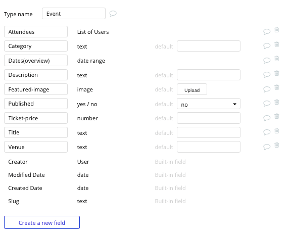 Bubble no-code Ticketmaster clone tutorial with event data type and fields