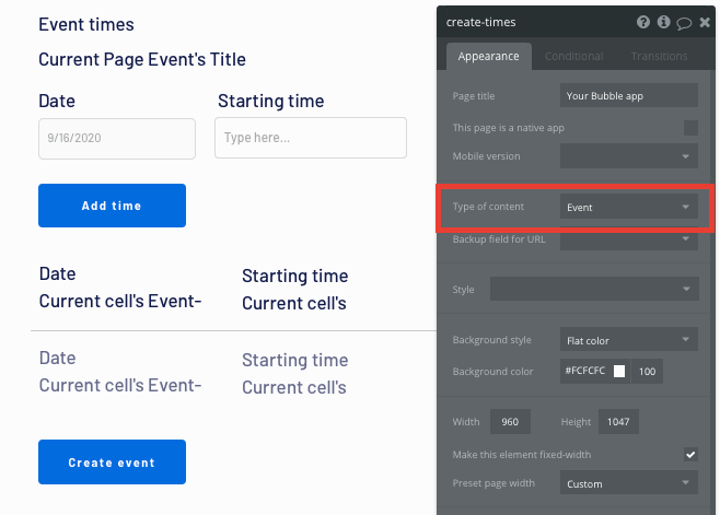 Configuring the type of content on a Bubble no-code page