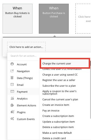 Selecting a no-code event to charge a user