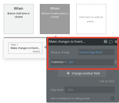 Updating the status of a Ticketmaster event in Bubble’s visual programming editor