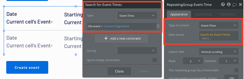 Configuring the data source of a no-code repeating group element