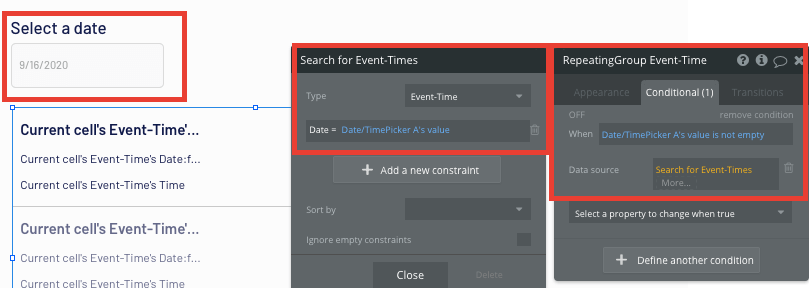 Adding a condition to a no-code repeating group element