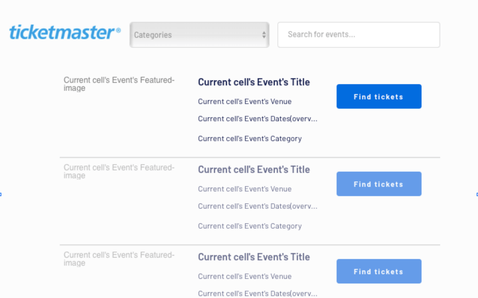 Sample UI Bubble Ticketmaster clone