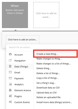 Creating a new data entry using Bubble’s workflow editor