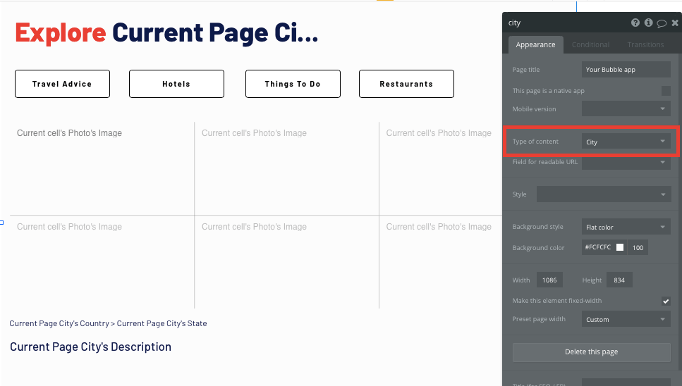 Configuring a no-code Tripadvisor page type to be a city