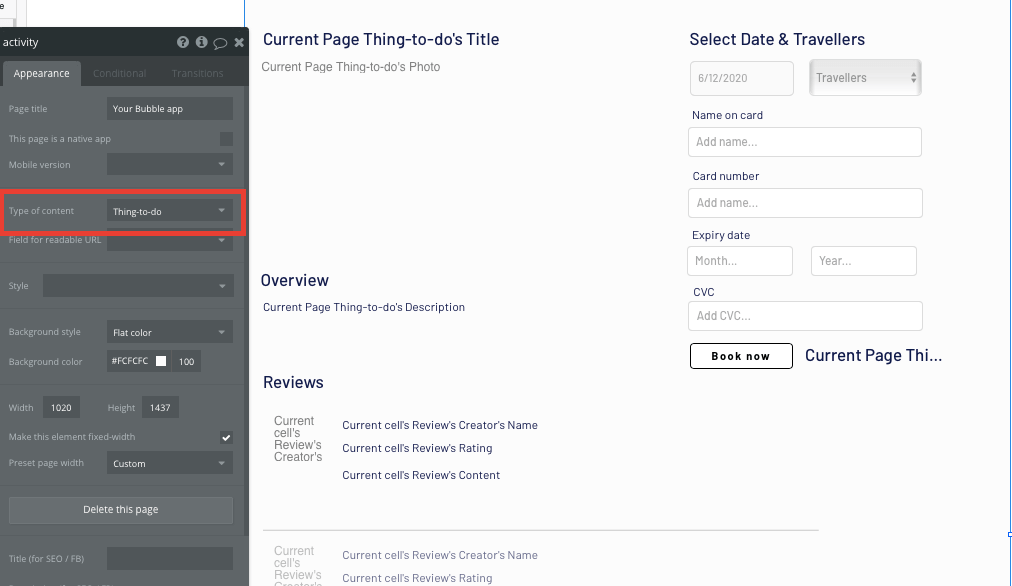 Configuring a Tripadvisor page type using Bubble