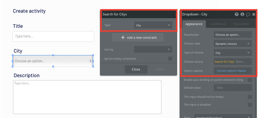 Configuring dynamic city inputs in Bubble’s no-code platform