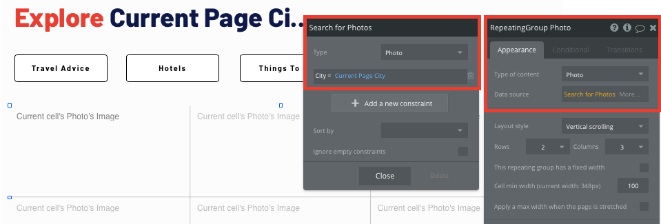 Building the structure of a repeating group to display Tripadvisor photos