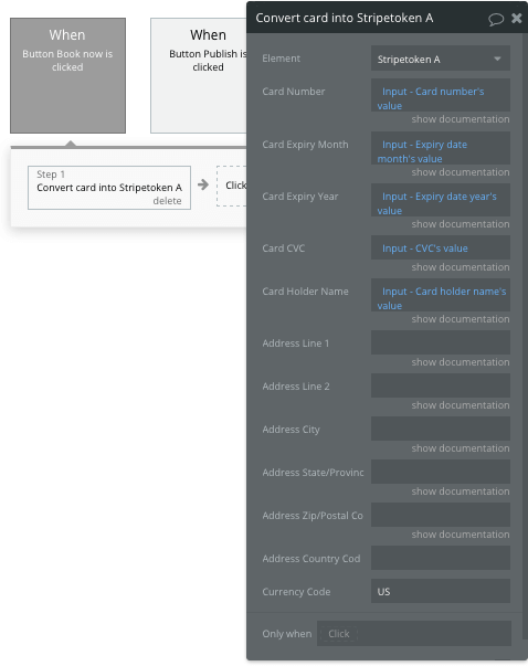 Configuring a Stripe payment in Bubble’s visual programming platform