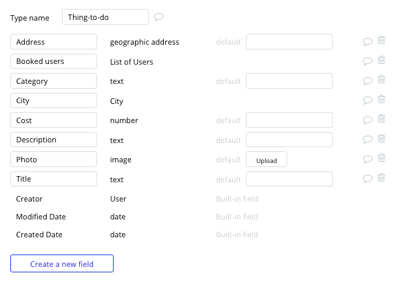 Tripadvisor activity fields in Bubble’s no-code database