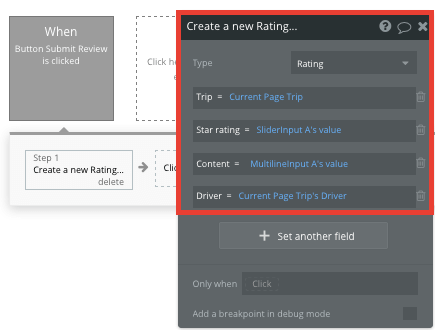 Bubble Create New Rating in Uber Clone App Workflow