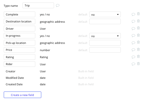 Bubble Uber Clone Tutorial Trip Data Type and Fields