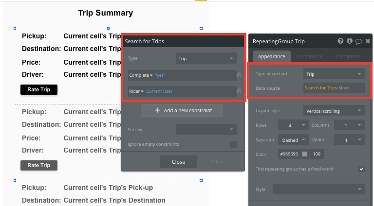 Bubble Rideshare App Repeating Group Tutorial example