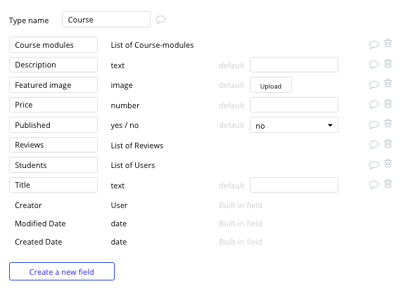 Bubble’s Udemy no code clone tutorial with course data type and fields