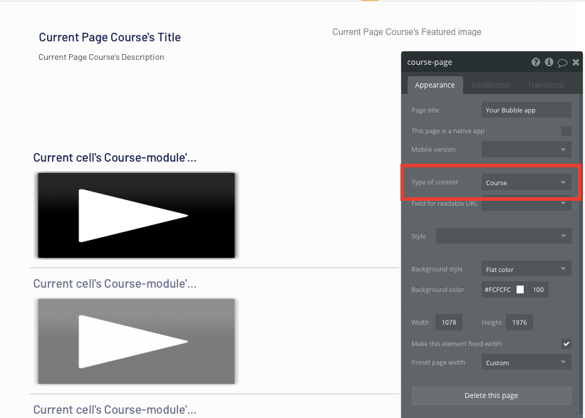 Configuring the page data type in Bubble’s Udemy clone tutorial