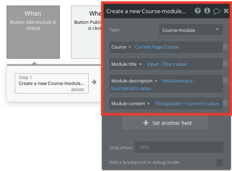 Creating a new course module in Bubble’s Udemy clone app