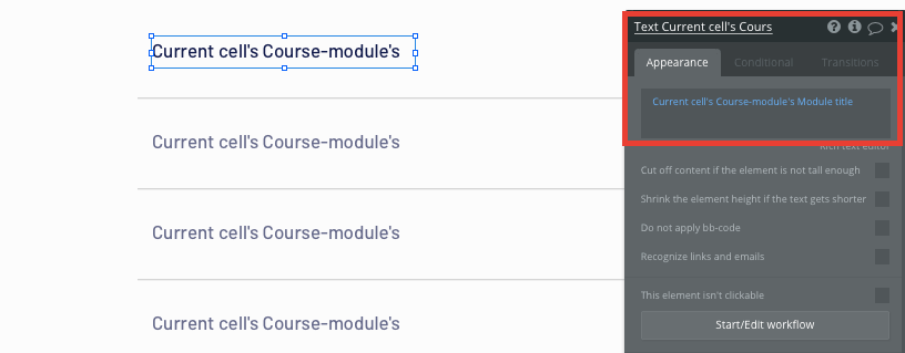 Displaying dynamic course titles in Bubble’s no-code Udemy clone app