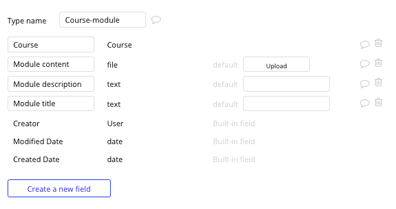 Bubble no code Udemy clone tutorial with course module data type and fields