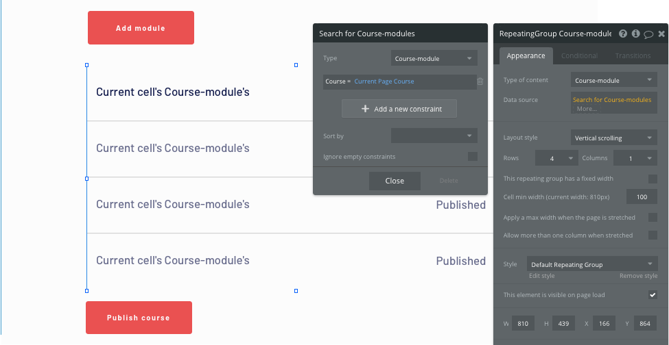 Using Bubble’s no-code editor to configure the data within a repeating group element