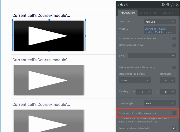 Making a no-code element not visible in a Udemy clone app built with no code