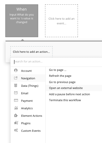 Opening an external website link using Bubble’s no-code workflow editor