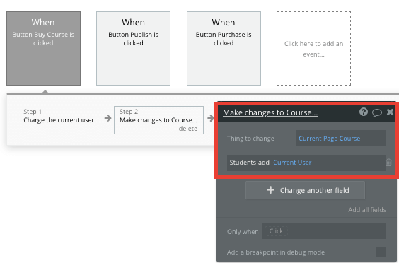 Adding a student to a Udemy course using Bubble’s no code workflow editor