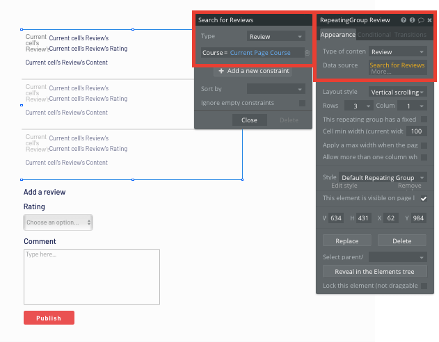 Using Bubble’s no-code repeating group element to display a list of user-generated reviews