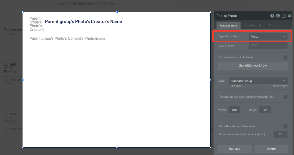 Displaying a full photo preview in Bubble’s no-code Unsplash clone app
