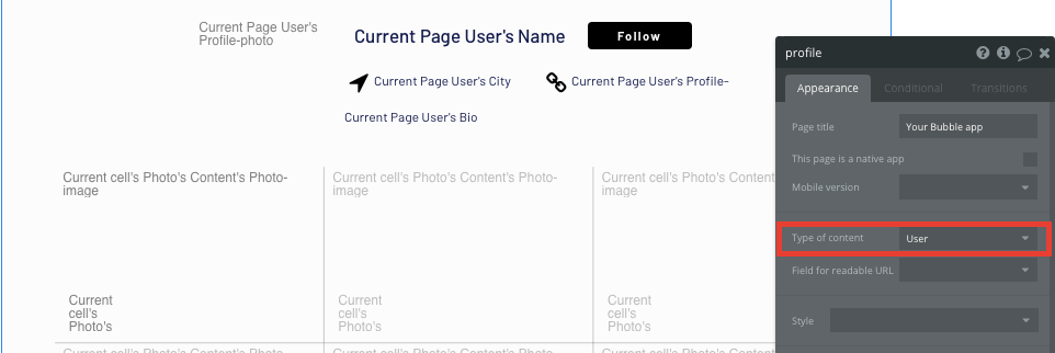Configuring the data type of an Unsplash user profile page 