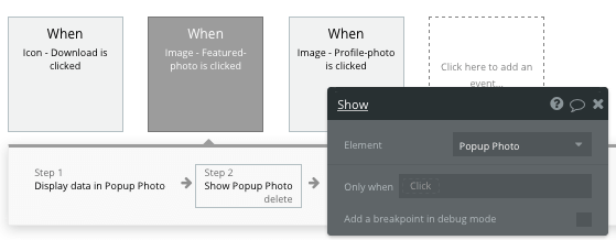 Bubble no-code editor workflow displaying a popup element