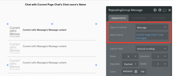 RepeatingGroup Data source for Bubble Chat app tutorial