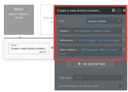 Bubble no code Wikipedia clone workflow creating a new article