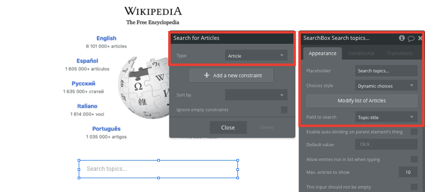 Building a Wikipedia search navigation in Bubble’s visual programming platform