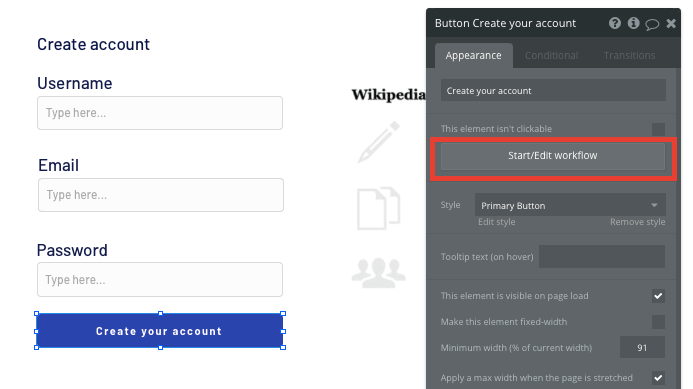 Creating a workflow to register a user account in Bubble’s no-code tool