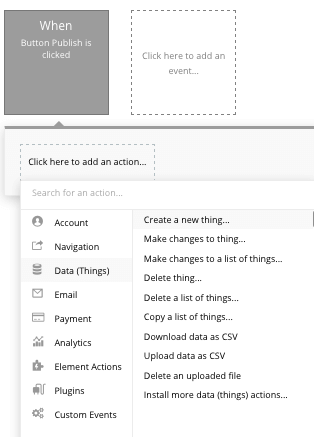 Creating a new data property using Bubble’s visual programming tool