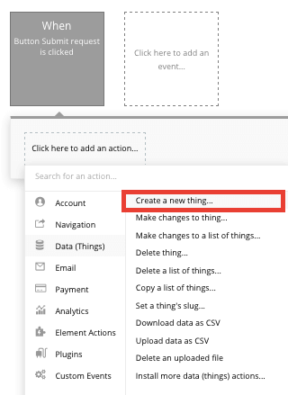Using Bubble’s no-code editor to create a new thing