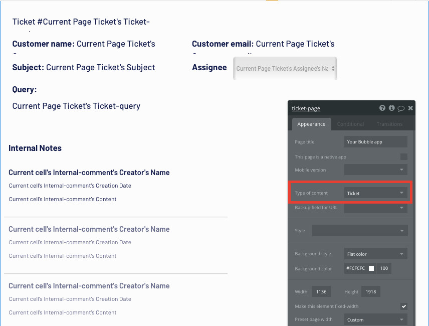 Configuring the page type of a Zendesk support ticket in Bubble's no code web app builder.