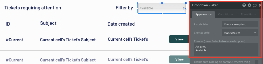 Add a no-code dropdown element to a Bubble page