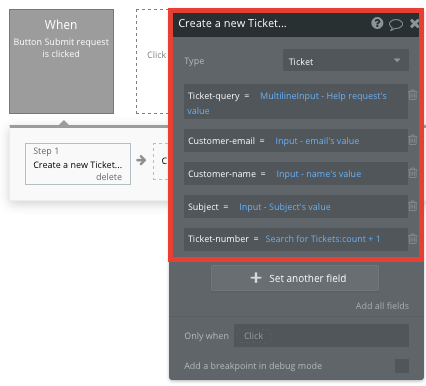 Create the data fields of a Zendesk no-code support ticket