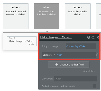 Marking a Zendesk support ticket as complete in Bubble no code web editor