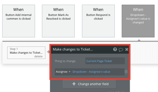 Bubble Zendesk clone app assigning a user