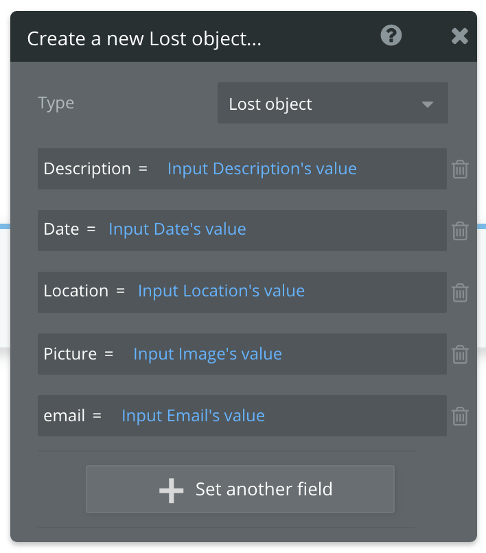 Bubble app "create a new lost object" screen with inputs.