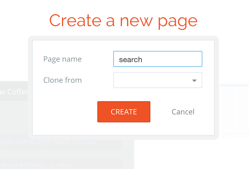 Bubble create a new page screen with orange rectangular Create button.