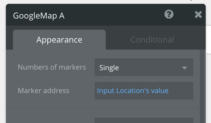 Bubble Google Map A appearance settings with inputs.