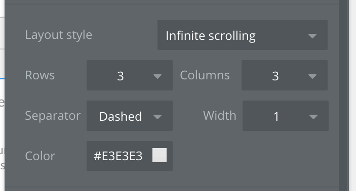 Layout style editor with inputs for rows, columns, width, color.