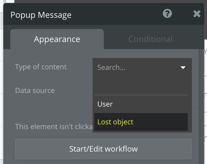 Bubble app popup message appearance settings. Black on dark gray. 