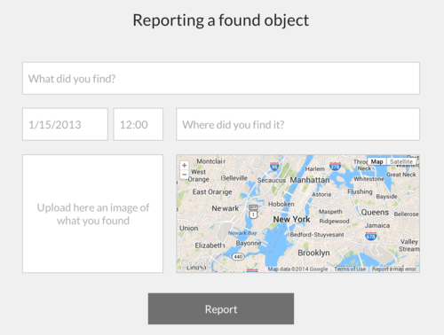 Report found object screen with map and found object inputs.