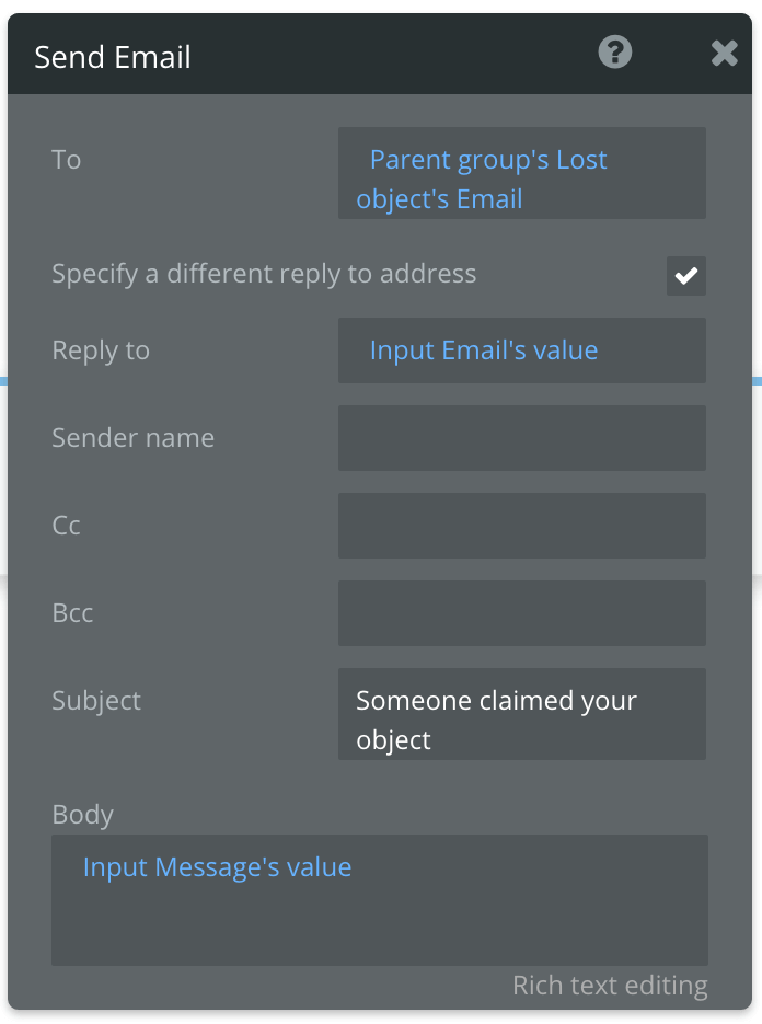 "Send email" screen, black on dark gray, with inputs for name, CC, BCC, subject, message.